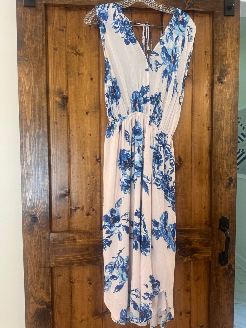 Charles Henry Pale Pink Maxi Dress with Blue Floral Print